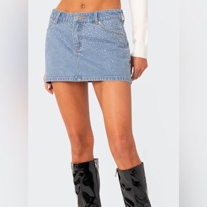 Low Rise Rhinestone Denim Mini Skirt